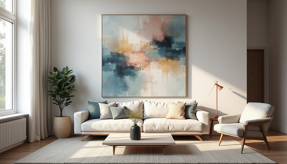 Luxury wall art displayed above a neutral sofa in a modern living room