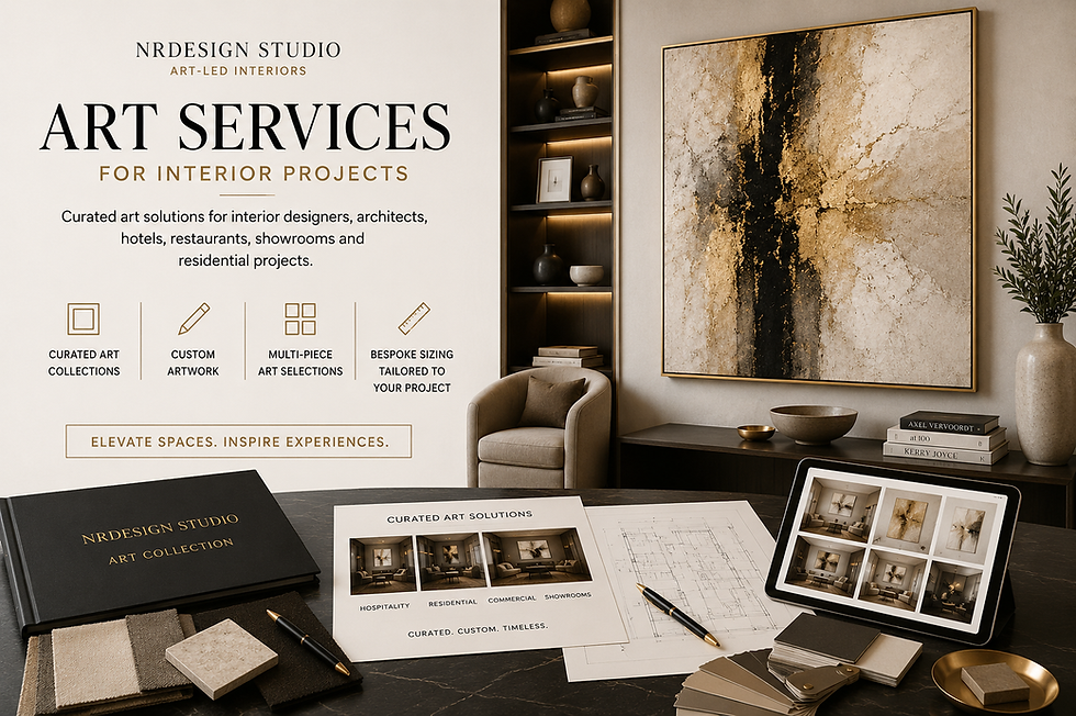 Art services for interior projects: curated collections, custom artwork, multi-piece selections and bespoke sizing for designers, architects and hotels