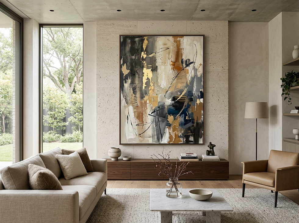 Large abstract painting in navy and gold tones in a contemporary living room