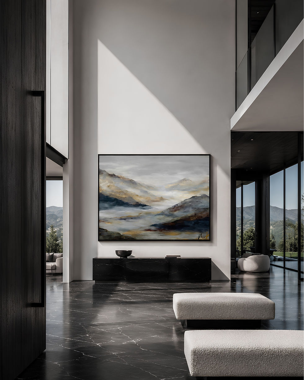 Large-scale abstract artwork in a luxury double-height interior with black stone flooring, tall windows, and refined architectural design.