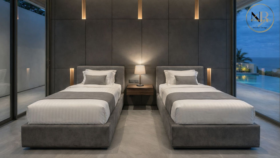 modern bedroom with twin beds, neutral tones and warm lighting