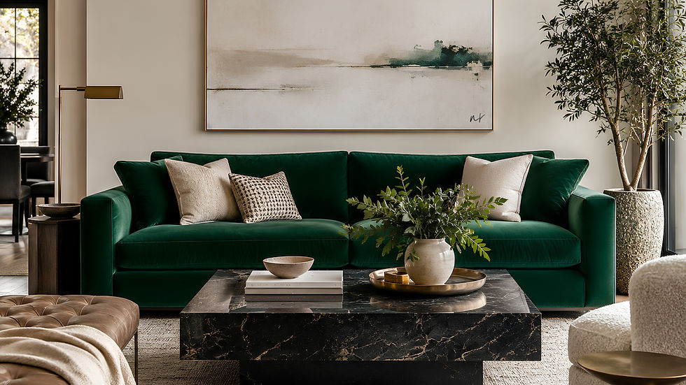 Soft neutral abstract wall art balanced above an emerald green sofa