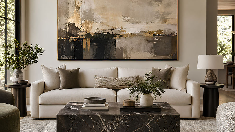 Large abstract wall art correctly scaled above a cream sofa in a modern living room