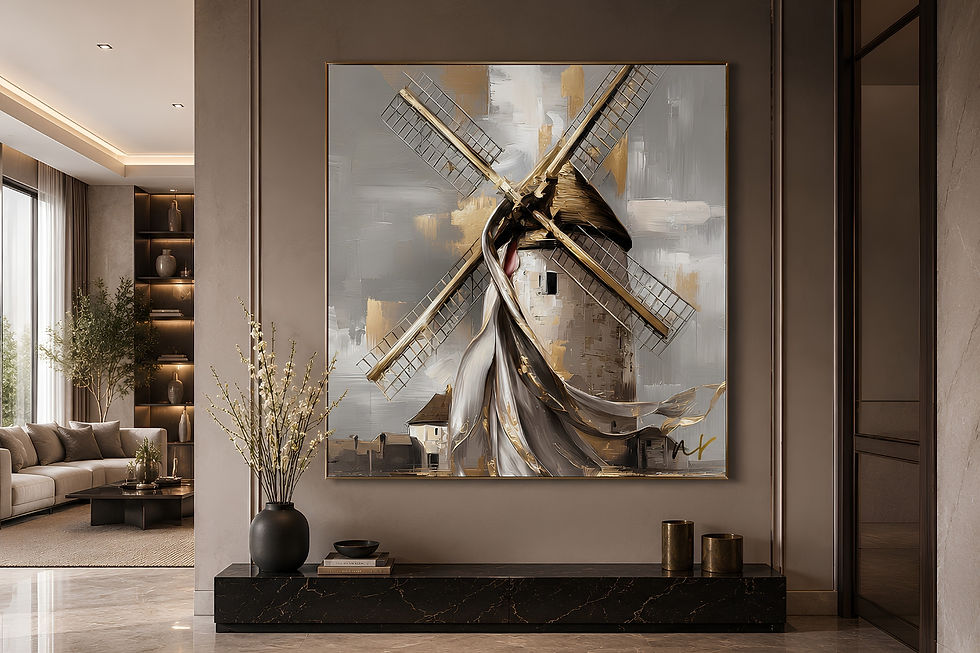 Greek windmill wall art from the Nrdesign Studio Aegean Collection displayed in a luxury interior