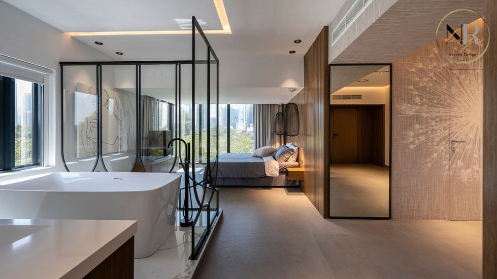open bedroom and bathroom layout in Dubai luxury interior with glass partition design