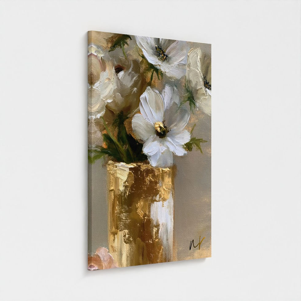 White floral wall art displayed on stretched canvas featuring soft ivory blooms, gold details, and elegant texture.