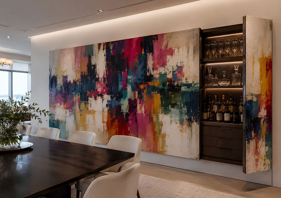 Oversized abstract wall art with hidden storage in a luxury contemporary interior
