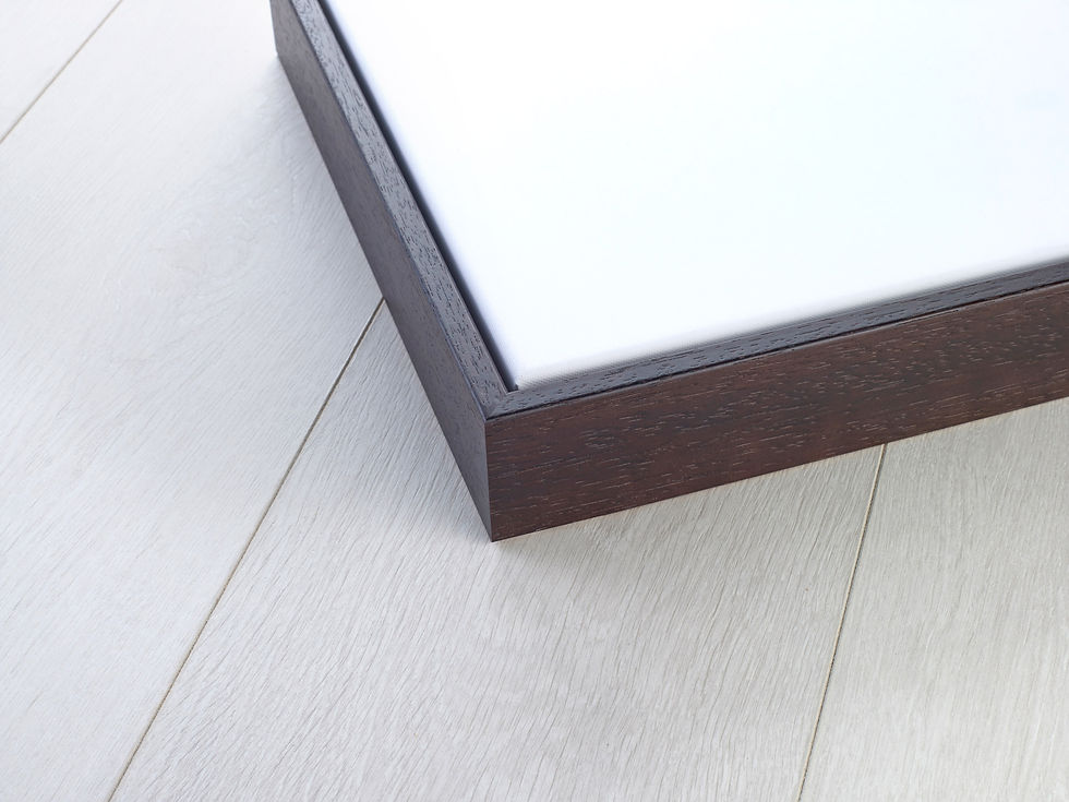 Thumbnail: Walnut wood floating frame corner detail for luxury stretched canvas artwork.