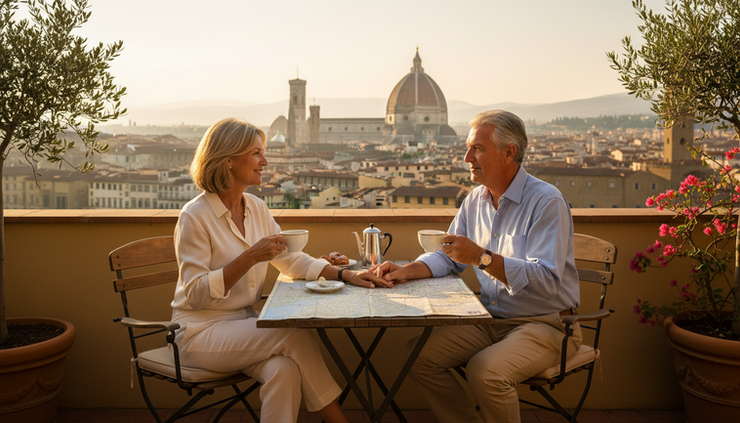 Wide-angle view of a mature couple on a hotel terrace overlooking a European city.