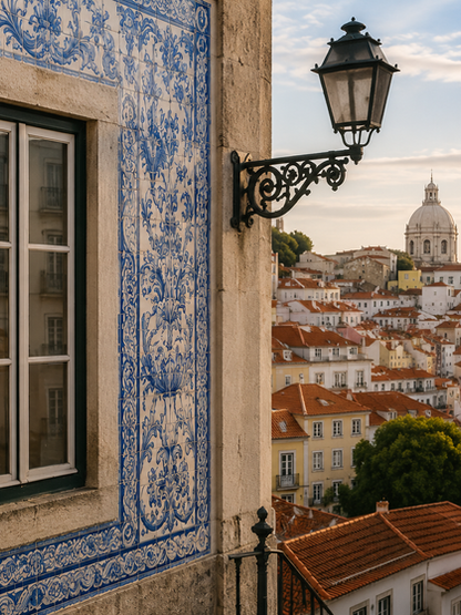 Blue azulejo tiles on a historic building in Lisbon, Portugal