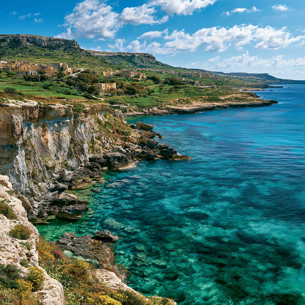 The dramatic coastline of Gozo, Malta's quieter sister island, is known for its crystal-clear waters, rugged cliffs, and peaceful Mediterranean landscapes.