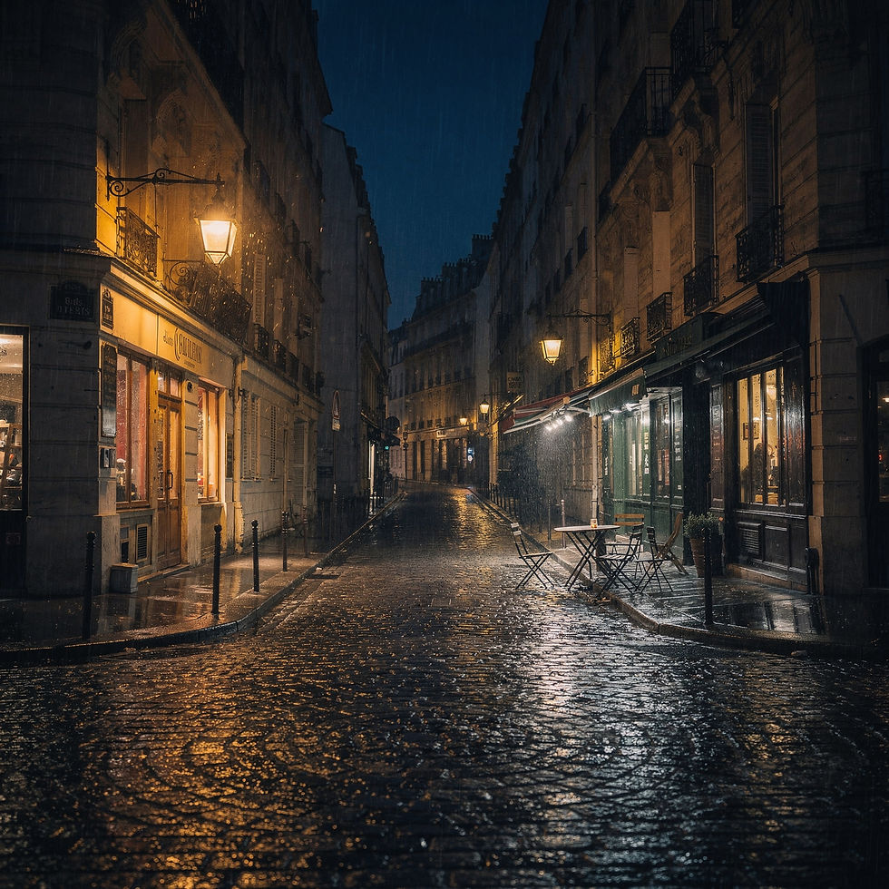 Rain-soaked Paris streets glowing after midnight in Saint-Germain-des-Prés.