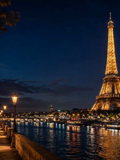 The Eiffel Tower illuminated at night overlooking the Seine River in Paris, France.