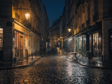 Rain-soaked Paris street glowing after midnight in Saint-Germain-des-Prés