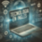 Laptop futurista con pantalla luminosa que muestra 'Tecnología en Inglés', rodeada de íconos digitales y conexiones globales.