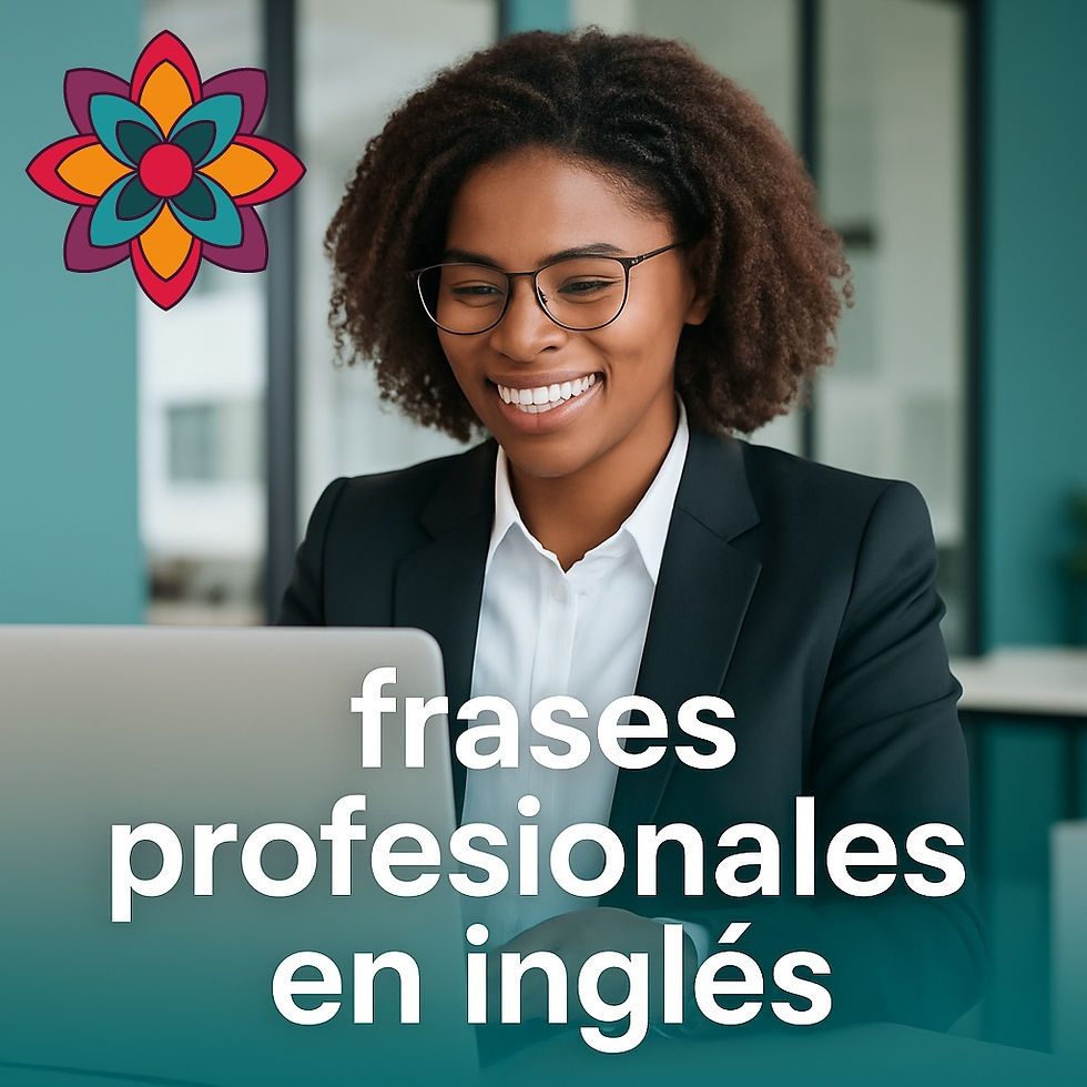 Mujer profesional afrodescendiente sonriendo frente a una laptop en una oficina moderna, con fondo color turquesa y el texto 'frases profesionales en inglés' en blanco.