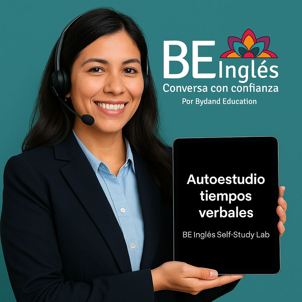 Latina business professional smiling while wearing a headset and holding a tablet that reads “Autoestudio tiempos verbales – BE Inglés Self-Study Lab” against a teal background.