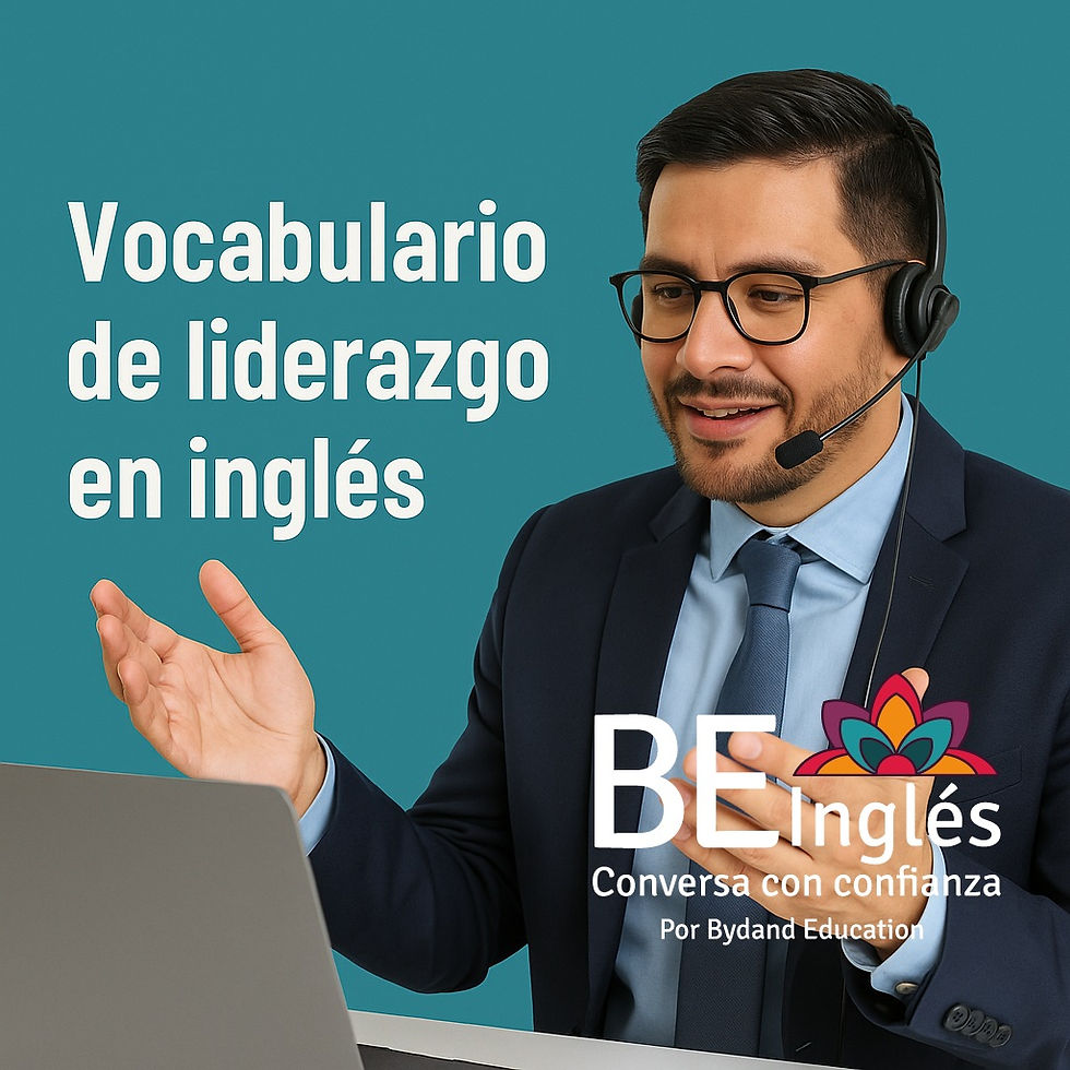 Profesional latino con auriculares en videollamada frente a un computador, con fondo color teal y el texto 'Vocabulario de liderazgo en inglés'. Imagen representativa de inglés profesional para líderes latinos.