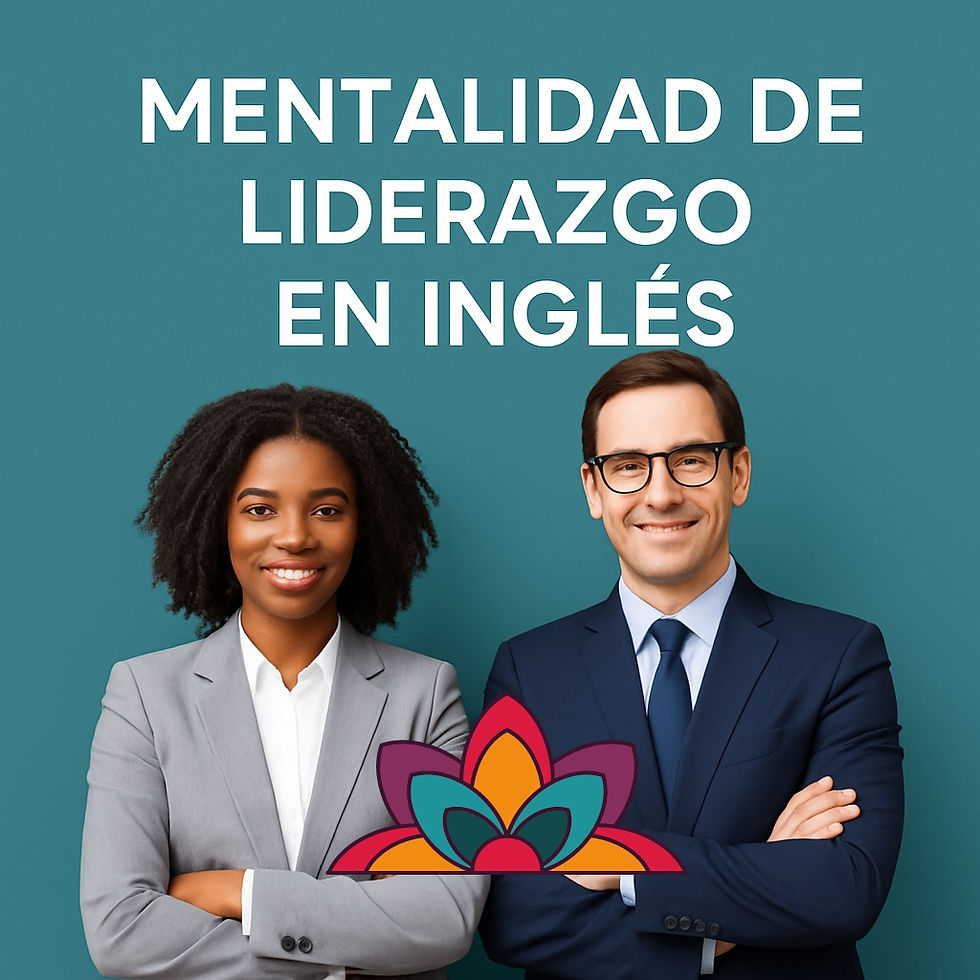 Two professional businesspeople in suits standing confidently with arms crossed, in front of a teal background with the text 'Mentalidad de liderazgo en inglés.'