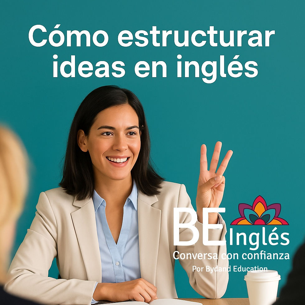 Latina professional smiling confidently in a business meeting, holding up three fingers, with teal background and text 'Cómo estructurar ideas en inglés'.