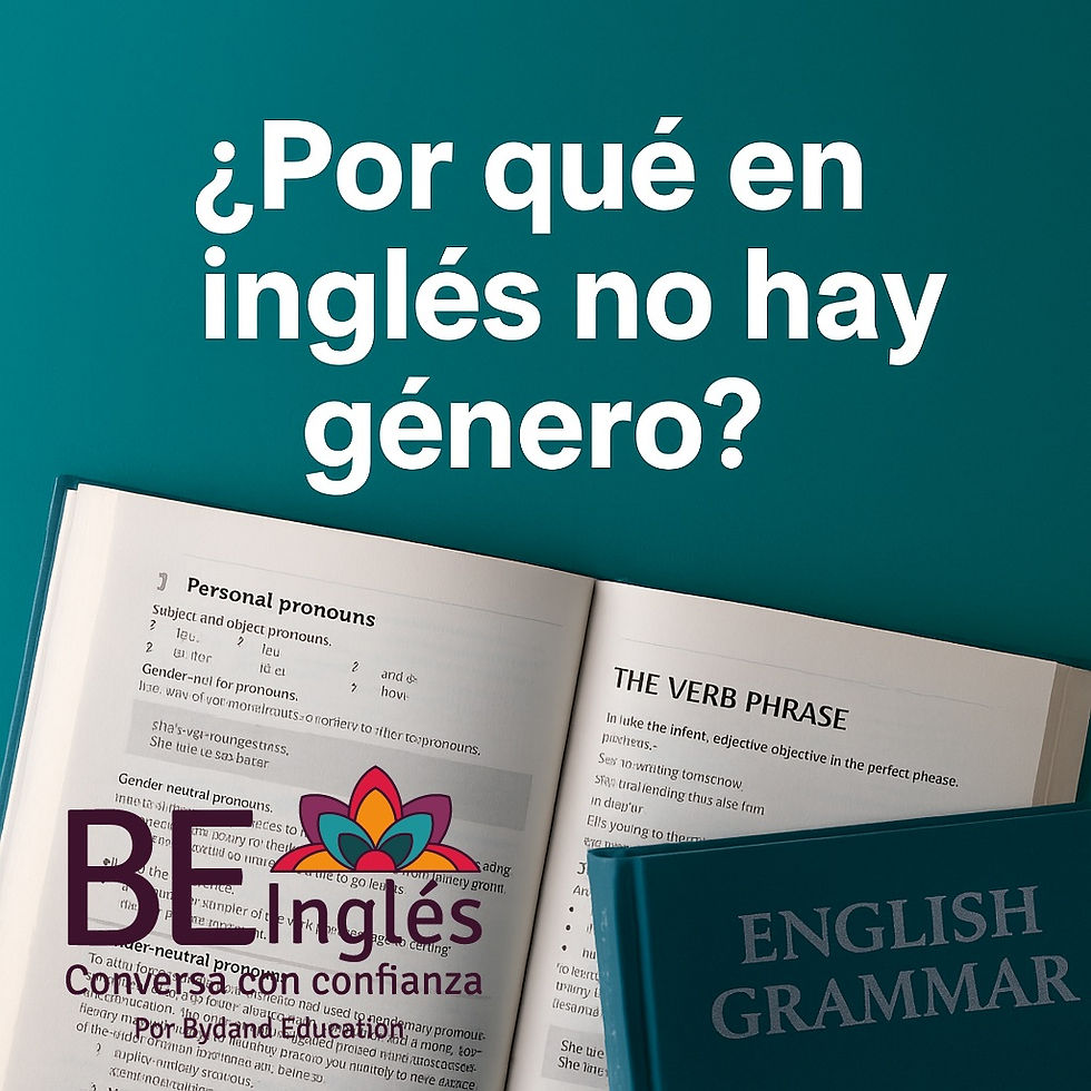 Square image with a teal background showing an open English grammar book. White text above the book reads: “¿Por qué en inglés no hay género?”.