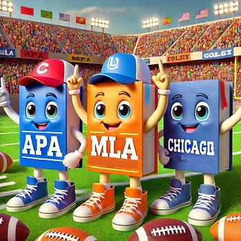 Ilustración 3D de libros antropomorfizados representando los estilos de citación APA, MLA y Chicago en un estadio de fútbol americano universitario, vestidos con atuendos deportivos y animando con entusiasmo.