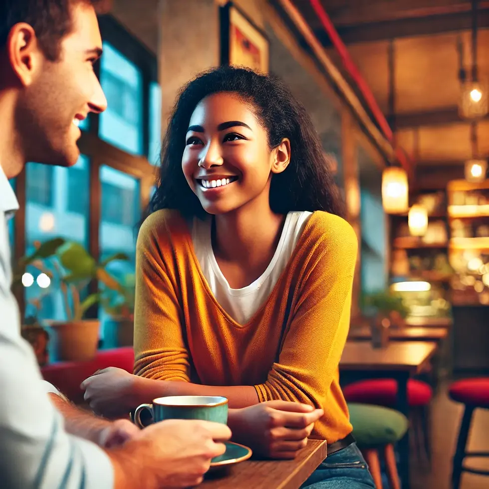 Dos personas de diferentes orígenes conversan amigablemente en una cafetería moderna y acogedora. Están sonriendo y se ven relajadas; una de ellas sostiene una taza de café. El entorno incluye iluminación cálida, plantas y estanterías, creando un ambiente acogedor para practicar la conversación en inglés.