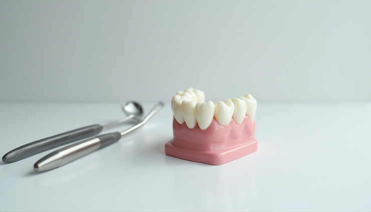 Eye-level view of dental tools and a model of teeth on a clean white surface