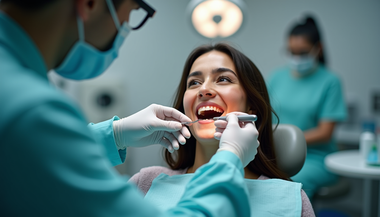 Eye-level view of a dental professional examining a patient’s teeth