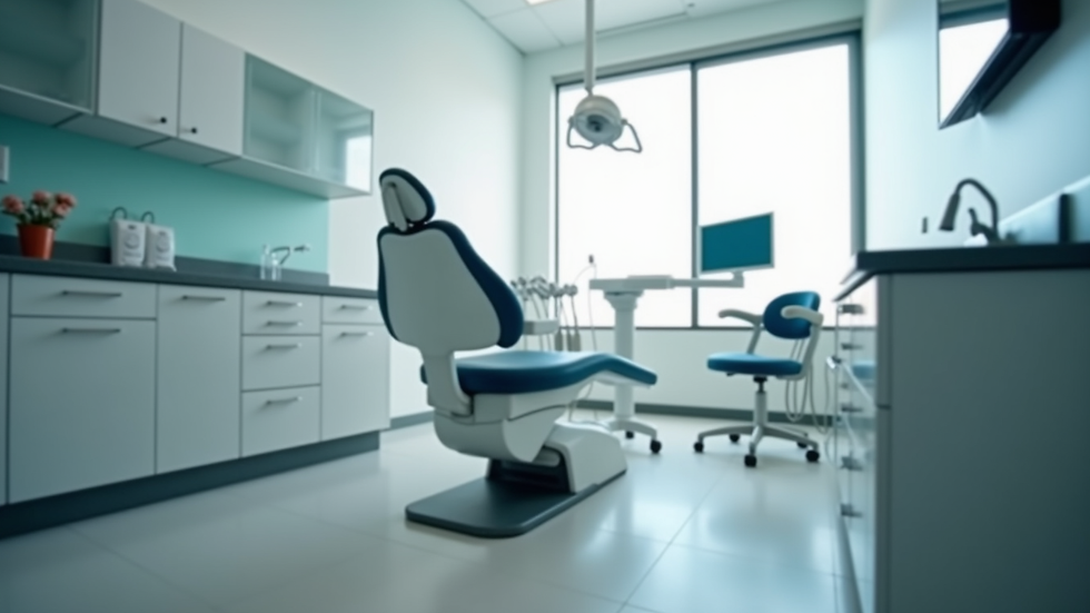 Eye-level view of a dental office treatment room with dental chair and equipment