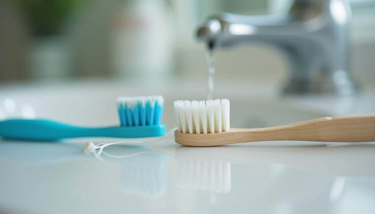Close-up view of a toothbrush and dental floss on a bathroom sink