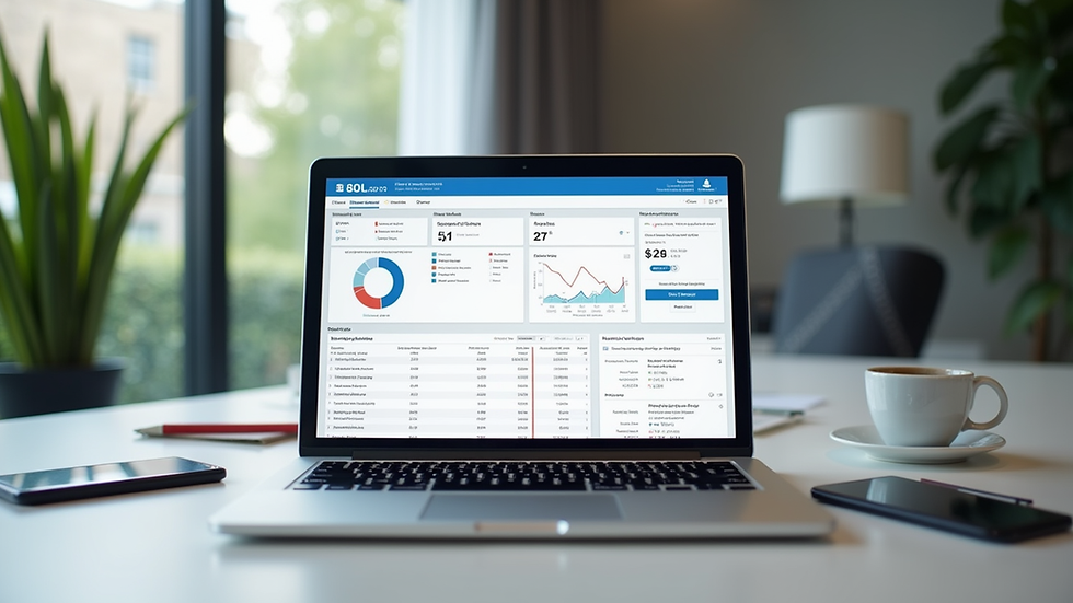 Eye-level view of a modern office desk with a laptop showing payment dashboard