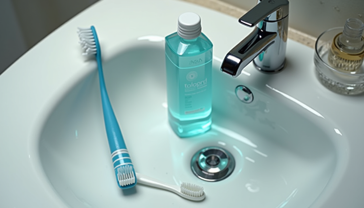 High angle view of a bathroom sink with oral hygiene products like toothbrush, floss, and mouthwash