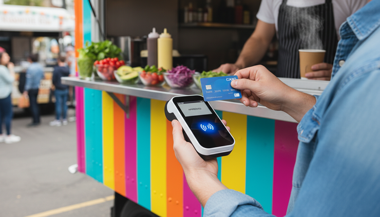 Close-up view of a food truck customer tapping a card on a handheld payment reader