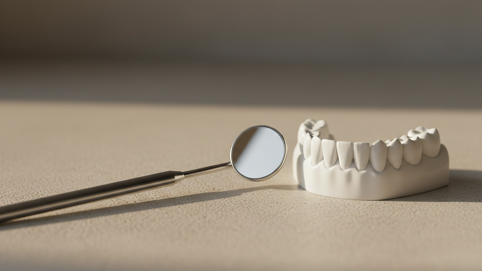 Close-up view of a dental mirror and clean dental model on a simple surface.