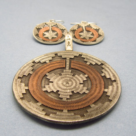 [Winning Ticket: Shirley Jojola] R.H. Begay – Sterling Silver & Copper Navajo Basket Pendant & Earring Set 