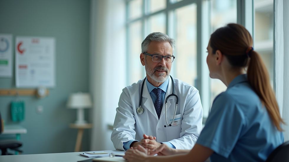 Eye-level view of a doctor discussing health with a patient