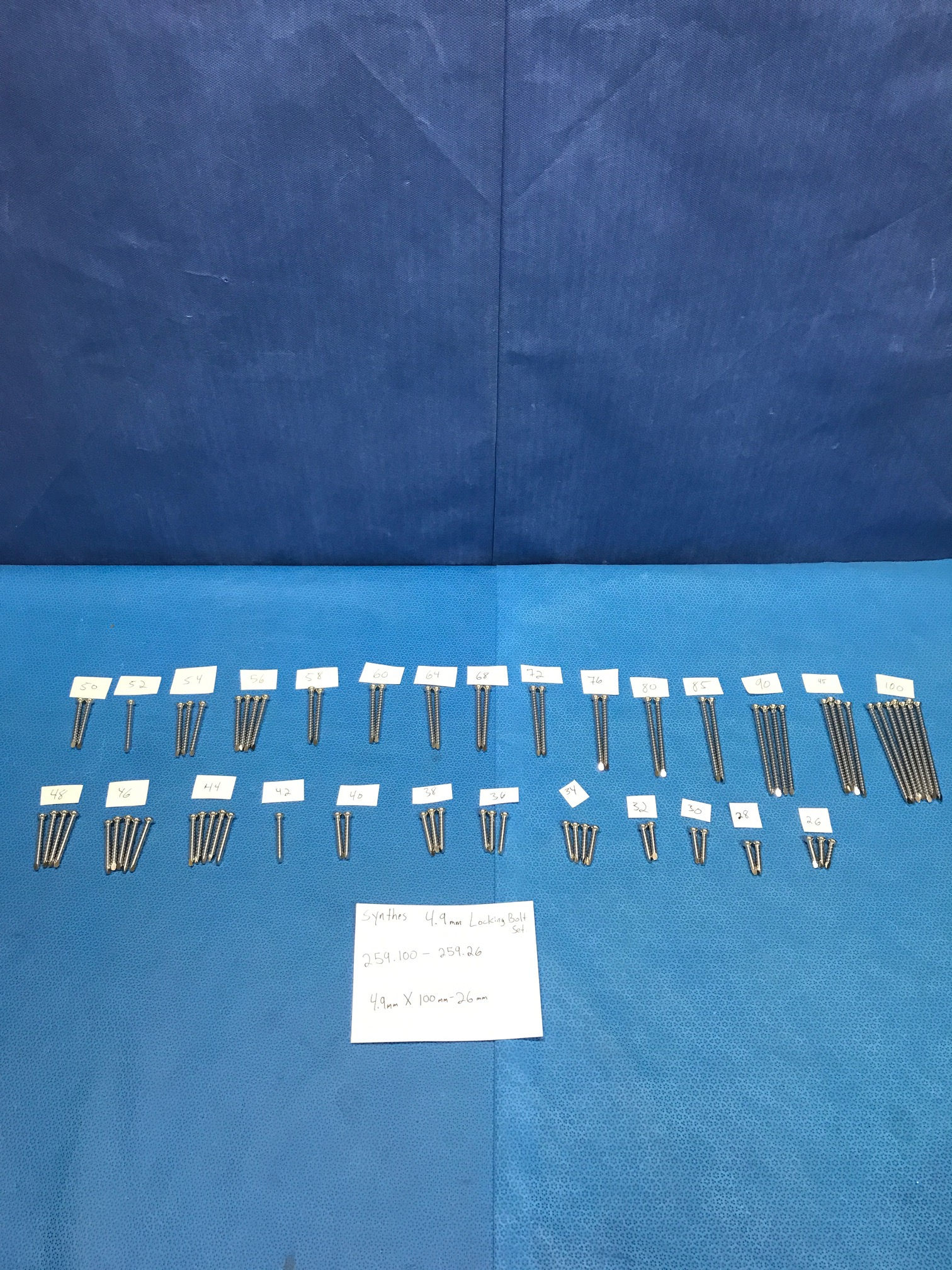 Lot of 77, Synthes 4.9mm Locking Bolts, 26-100mm, 259.100 - 259.26