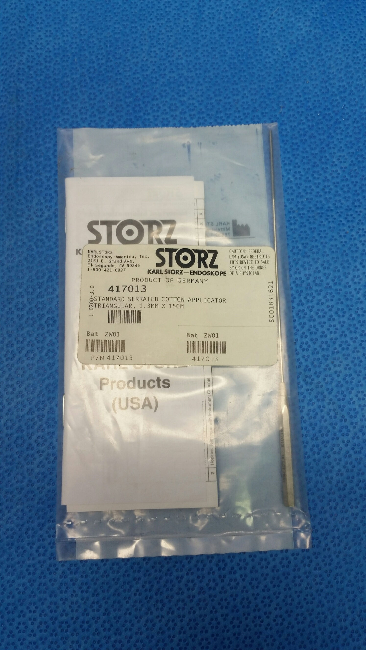 New, Storz, 417013 Standard Serrated Cotton Applicator, Triangular, 1.3mm X 15cm