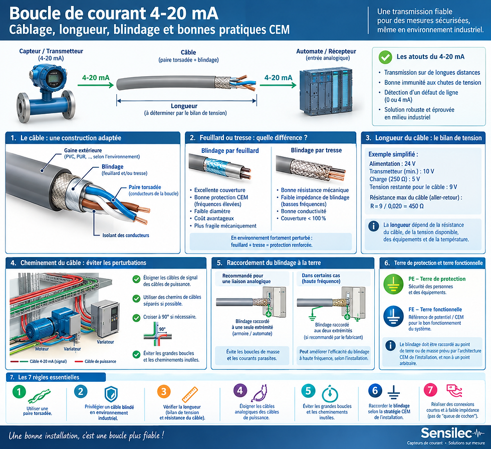 Boucle de courant 4-20 mA : câblage, longueur, blindage et bonnes pratiques CEM