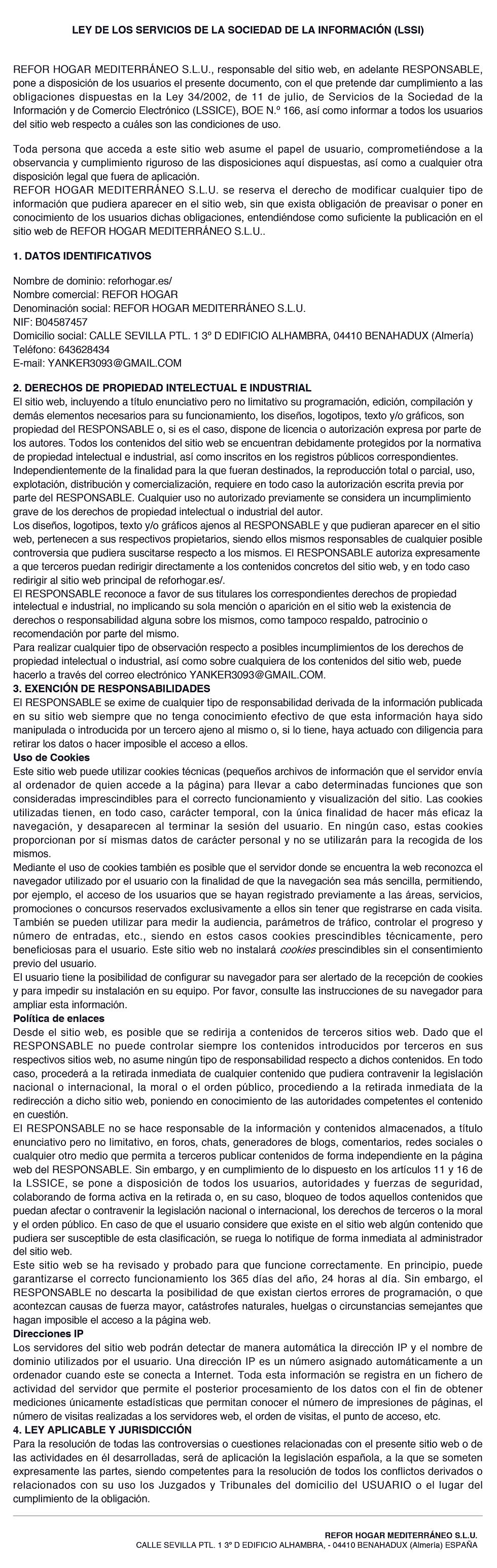 Aviso Legal Refor Hogar Almería