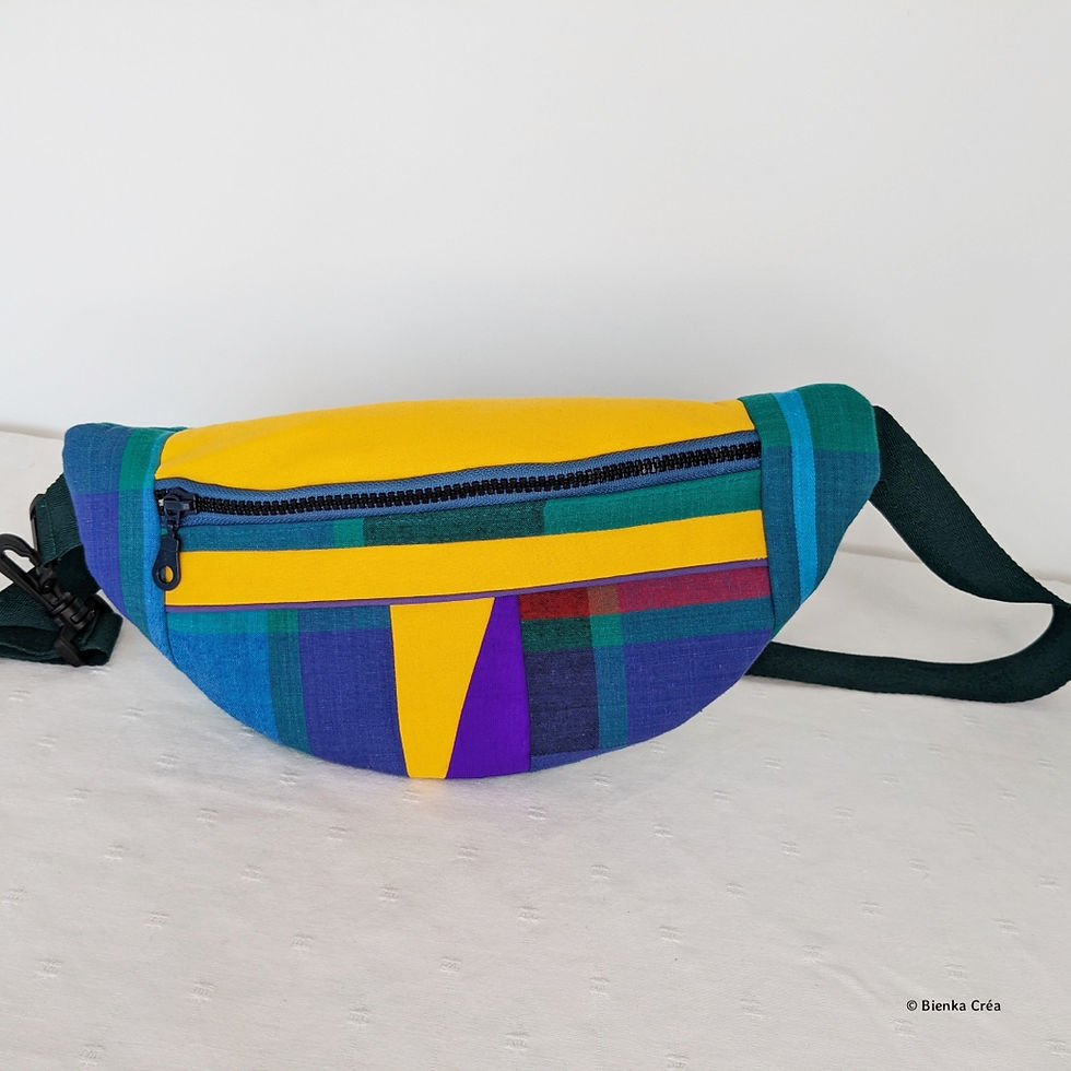 Miniature : Vue d'un sac banane en tissu madras et jaune fermé par un zip vintage bleu à bandoulière verte