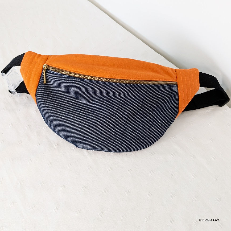 Miniature : Vue d'un sac banane bleu et orange fermé par un zip vintage marron
