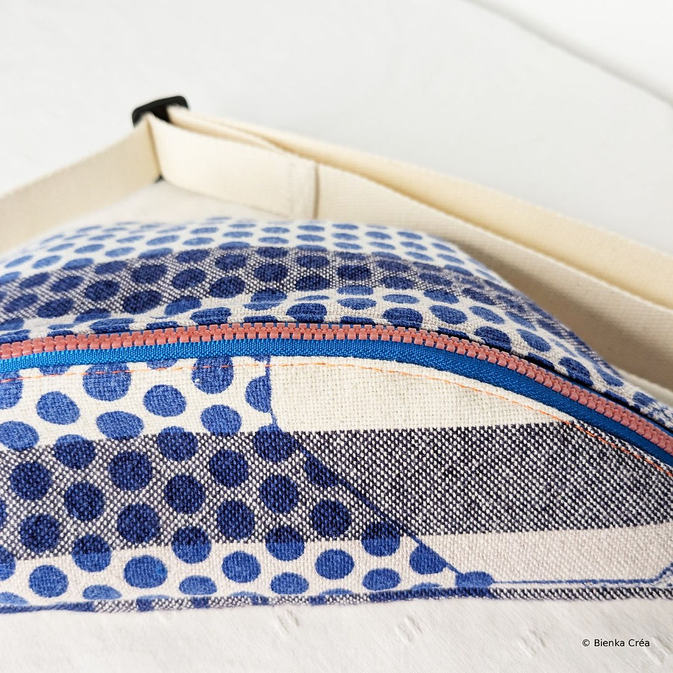 Miniature : vue du haut d'un sac banane en coton tissé bleu et écru à motifs graphiques et bandoulière écrue