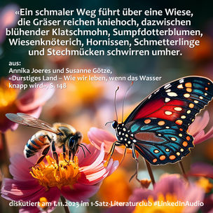 „Ein schmaler Weg führt über eine Wiese, die Gräser reichen kniehoch, dazwischen blühender ...