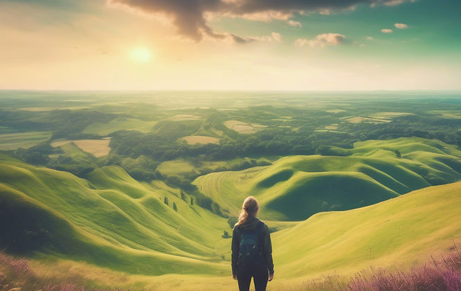 an optimistic person looking out over a hill at the gorgeous, bright horizon and lush, awe
