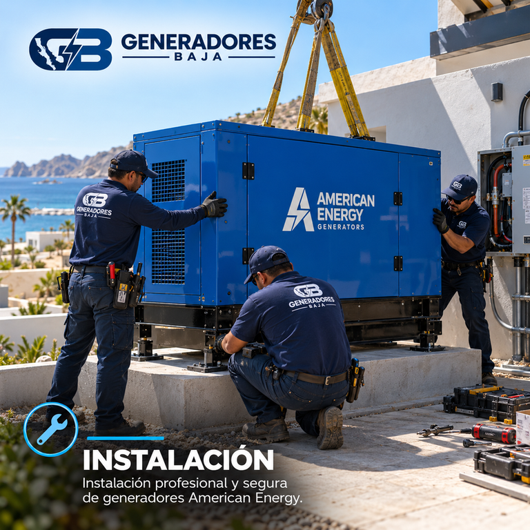 Imagen cuadrada de servicio INSTALACIÓN con generador azul American Energy y técnicos trabajando, branding Generadores Baja.
