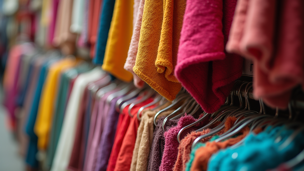 Eye-level view of a vibrant textile display showcasing various colors and materials