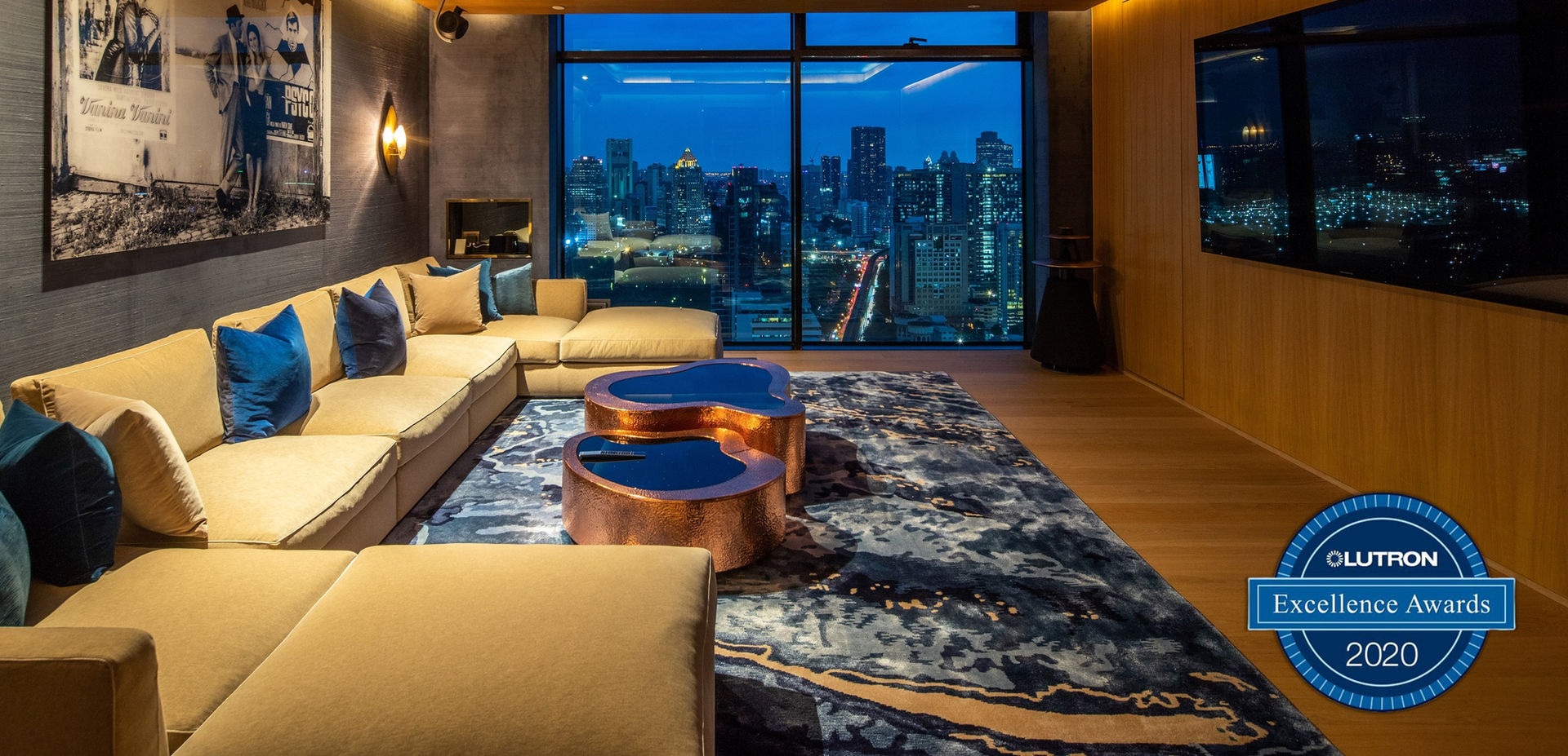Luxury room with lighting control system with Lutron Award Logo