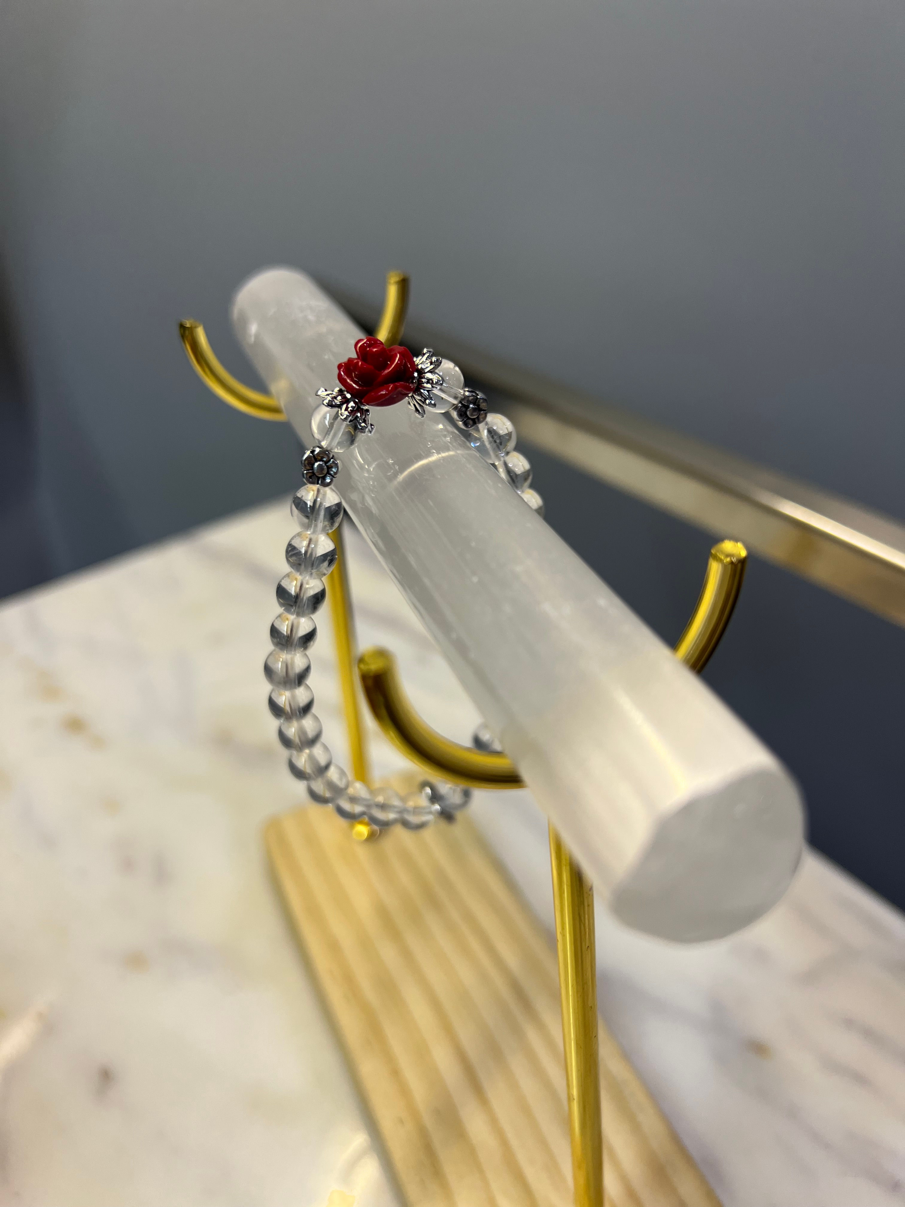 Crystal Quartz and Coral Carved Rose